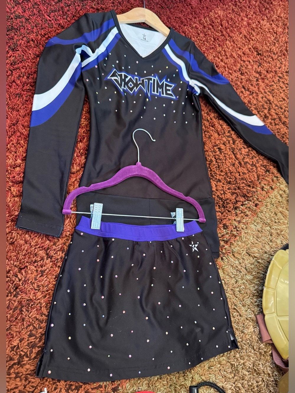 💜 Rebel Athletic Showtime Cheer Uniform Set Black Purple Rhinestone Youth Medium
